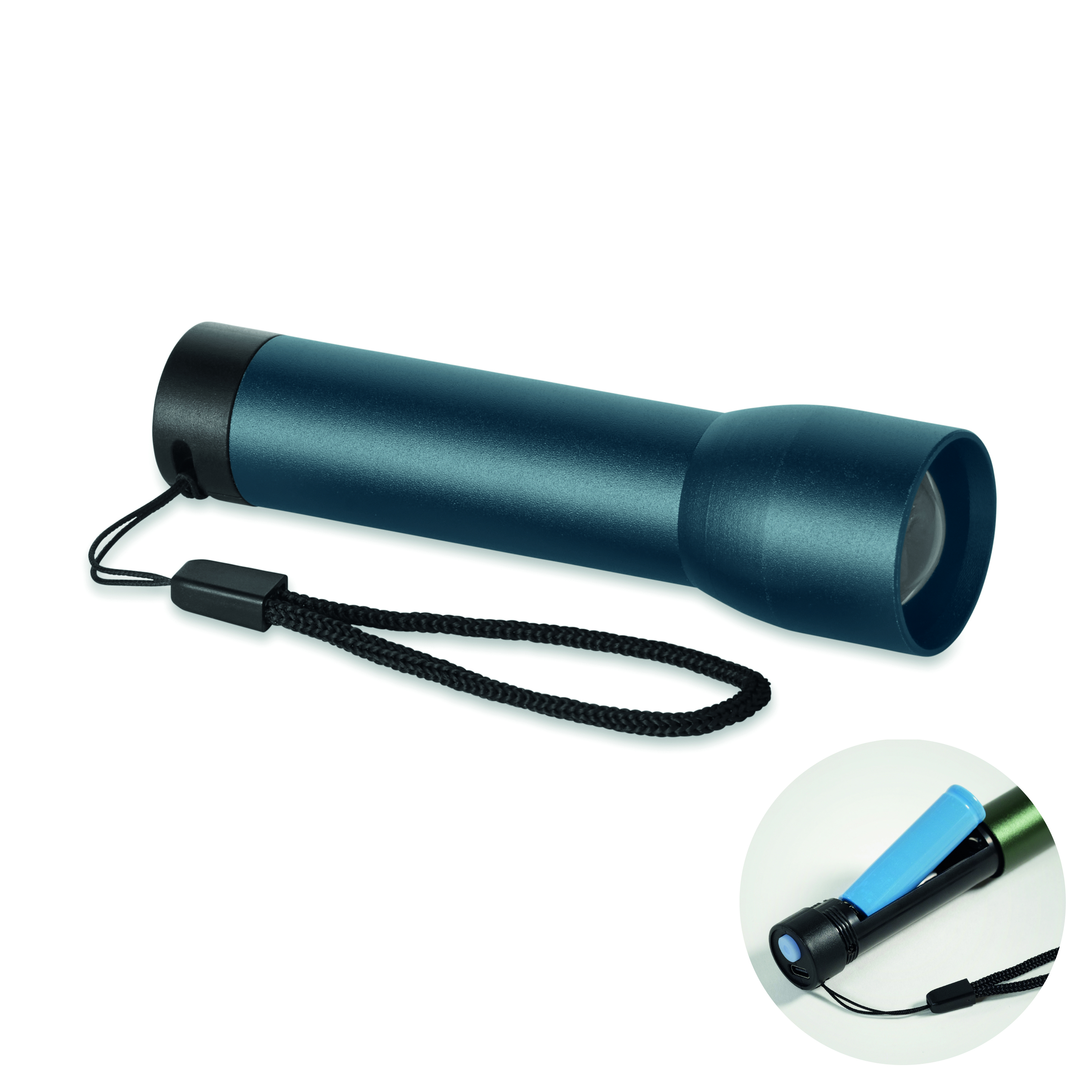 Lampe torche promotionnelle rechargeable en alu Lumezo Bleu marine